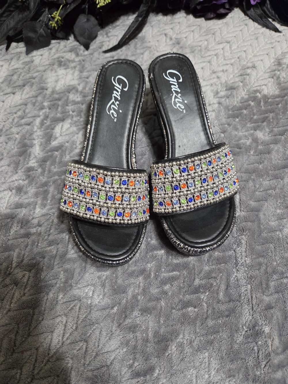 Grazie Black Slide Sandals with Multicolor Gem Straps- See Description
